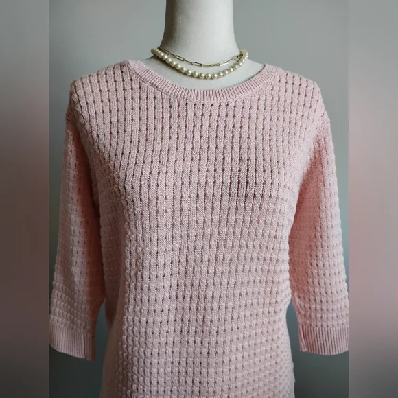 Talbots Cotton Blend Basket Weave Knit 3/4 Sleeve Pastel Pink Sweater Sz Medium - Picture 6 of 17
